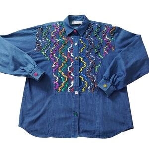 Vintage Starfire Womens‎ Size Large Chambray Colorful Sequence Embellished Top